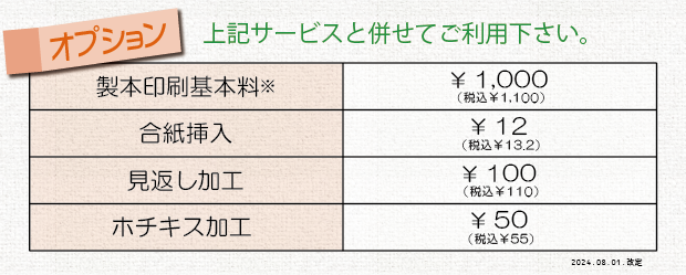 製本加工（無線綴じ）オプションの価格表