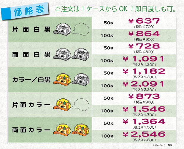 名刺印刷の価格表