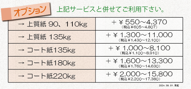 少部数チラシ印刷オプションの価格表