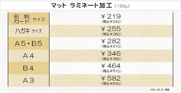 マットラミネート加工の価格表（取次品）