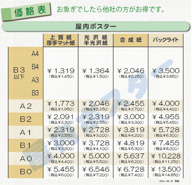 大判ポスター印刷（屋内）の価格表